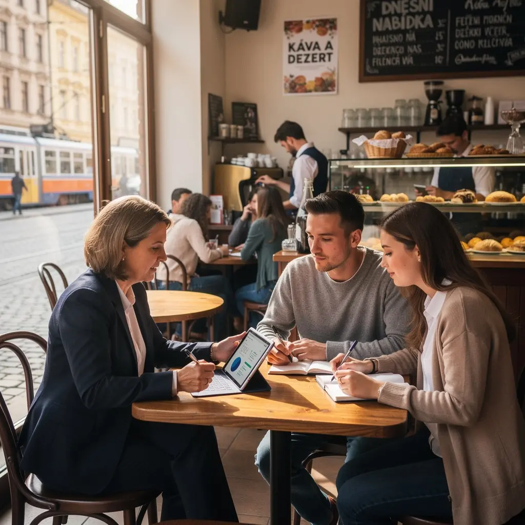 Rodina společně diskuzující o svých finančních cílech a rozpočtu.