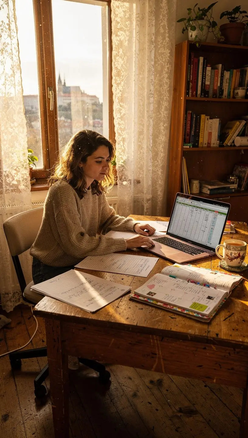 Fotografie osoby, která se učí o rozpočtování u stolu s notebookem a knihami.